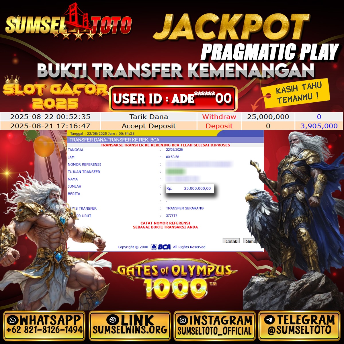 SUMSELTOTO JACKPOT GATES OF OLYMPUS 1000 Rp.25,000,000.,- LUNAS